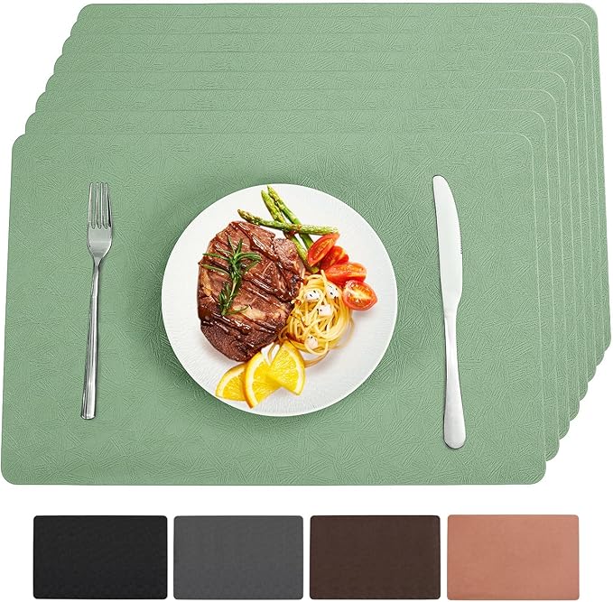 Vinyl Placemats Set of 6 Heat Resistant Easy Clean Non-Slip Place Mats for Dining Table Faux Leather Waterproof Stain Resistant Wipeable Washable PVC Table Mats(6, Green)