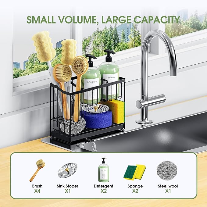 Kitchen Sink Caddy, 2-Tier Self-Draining Sponge & Dish Brush Holder, Rustproof 304 Stainless Steel Space-Saving Organizer with Drying Tray, Black
