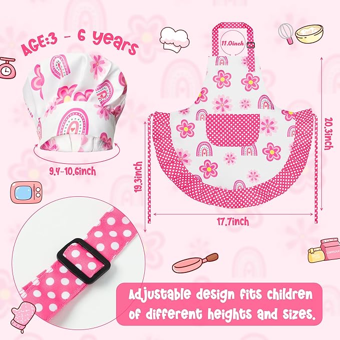 R HORSE Kid Apron and Chef Hat Set - 2Pcs Adjustable Children Pink Rainbow Kitchen Toddler Apron for Girls, Role Play Chef Toy Cooking Baking Painting and Training Kits Kid Funny Cooking Birthday Gift