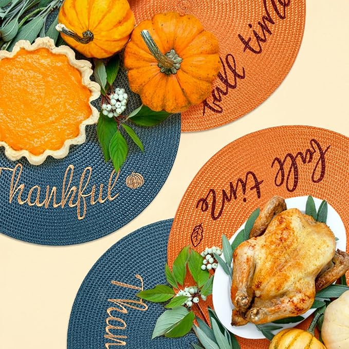 FunWheat Round Placemats Set of 6 Table Mats for Thanksgiving Tables Washable Non-Slip Place mats 15 Inch for Fall(Orange Fall,6pcs)