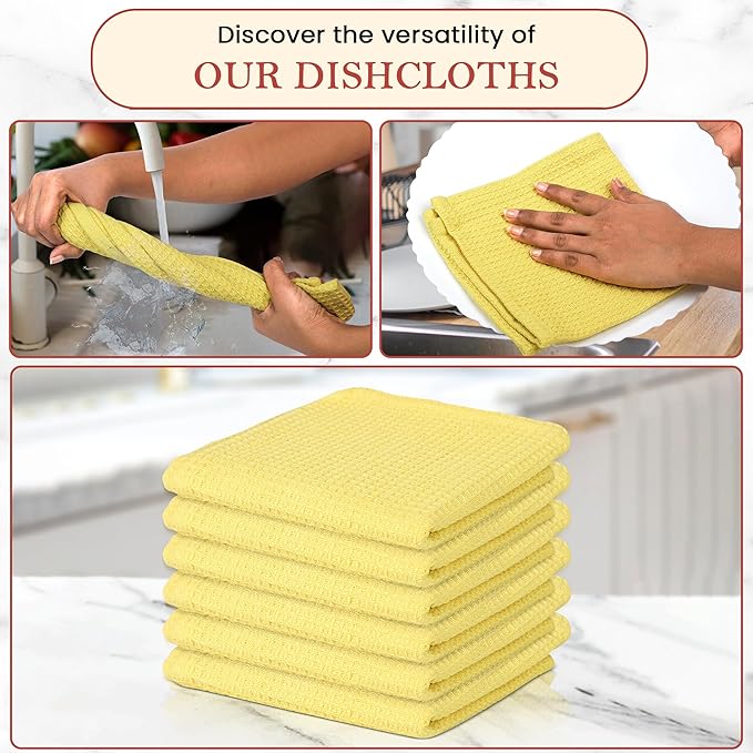 Vintage Vista 100% Cotton Waffle Dish Cloths (Pack of 6) - Dish Rags for Washing Dishes - Reusable & Highly Absorbent Kitchen Towels - Kitchen Rags fo Easter - (12" x 12" - Lemon Yellow)