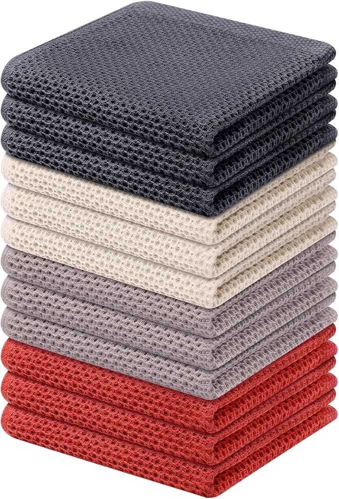 Kitinjoy 100% Cotton Kitchen Dish Cloths (12 X 12 Inches, Multicolor), 12 Pack Waffle Weave Ultra Soft Absorbent Dish Towels for Drying Dishes Quick Drying Kitchen Towels Dish Rags