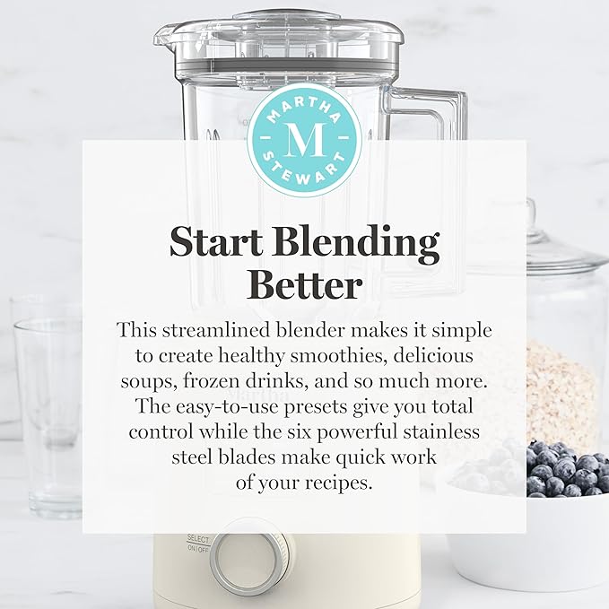 Martha Stewart Countertop Blender, 50oz Jar, 6 Stainless Steel Blades 3 Speeds & 5 Presets, Auto Clean, Smoothies, Crush Ice, Shakes, Chop, Margarita, Measurement Markings, 700W, Linen Cream