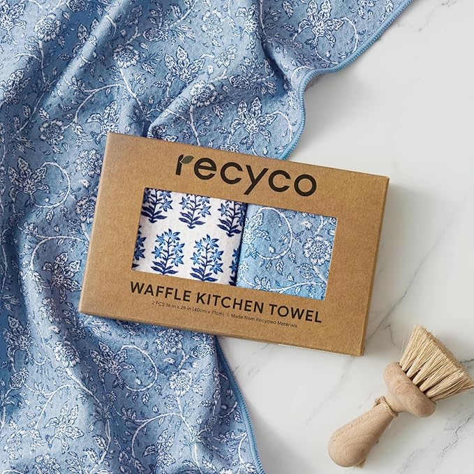 RECYCO Waffle Kitchen Towel Set of 2 - Quick Dry Microfiber Sustainable Dish Towels - Ultra Absorbent Reusable Cleaning Tea Towels - Lightweight Hand Towels,16”x 28”, Porcelain Blue