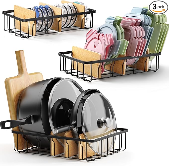 3-Pack Adjustable Lid Organizers - Large Kitchen Cabinet Organizer for Food Storage Container and Tumbler Cup Lids with 9 Bamboo Dividers - Organizers in Cabinet Kitchen/Pantry/Laundry Room