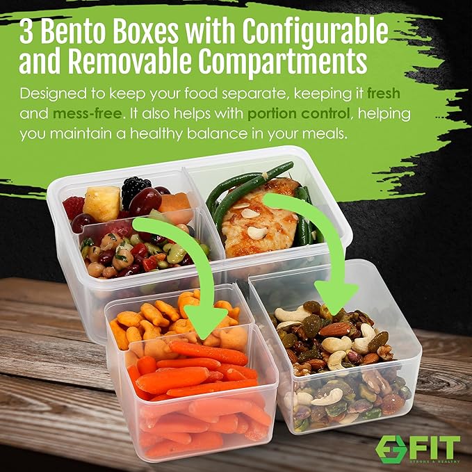 Bento Box for Kids and Adults - Reusable Lunch Box Meal Prep Containers - 3 Compartment Snack Box Container with Airtight Lid - Dishwasher, Freezer, Microwave Safe Food Snack Storage (39 oz, 7 Pack)