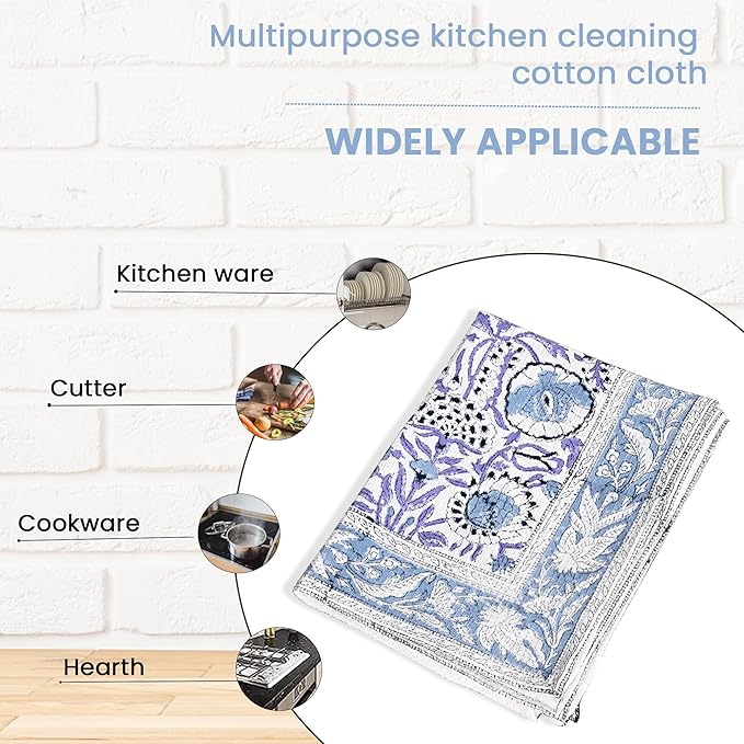CPC Indigo Blue Hand Block Print Waffle Kitchen Towel Set of 3-16 x 28 Inch Ultra Absorbent Quick Dry Cotton Dish Towels Lightweight Reusable Sustainable Tea Towels for Cleaning and Drying