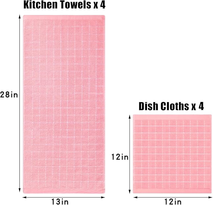 Homaxy Kitchen Towels and Dishcloths Set, 12 x 12 and 13 x 28 Inches, Set of 8 Bulk Cotton Terry Kitchen Towels Set, Checkered Designed, Soft and Super Absorbent Dish Towels, Pink