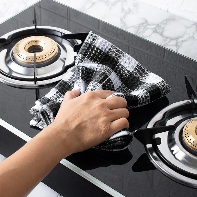 Blue Needles Set of 4 Waffle Weave Kitchen Towel, 15x25 Inches 100% Cotton Check Plaid Dish Towels for Kitchen, Soft & Absorbent for Quick Drying with Hanging Loop, Spring Summer - Black & White