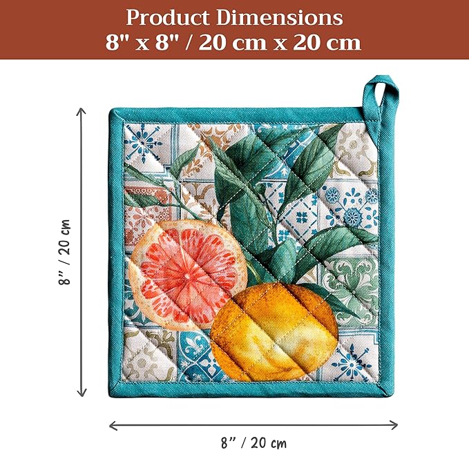 Maison d' Hermine Pot Holders 100% Cotton Heat Resistant Potholders 8" x 8" Hot Pads with Loop BBQ Cooking Baking Gifts for Mothers Day Handling Hot Pans Spring/Summer (Pack of 2, Agrume)