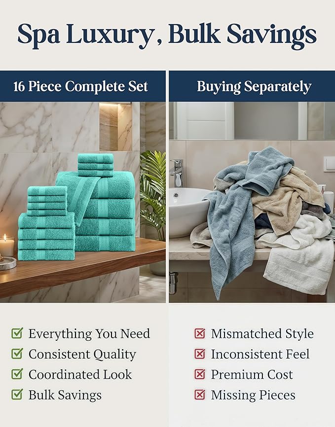 LANE LINEN 100% Cotton Bath Towel Set - 16 Pieces - Softer, Durable & Highly Absorbent - 4 Bath, 8 Wash cloths, 4 Hand Towels for Bathroom - Family Set, Premium Quality & OEKO-TEX Certified - Teal