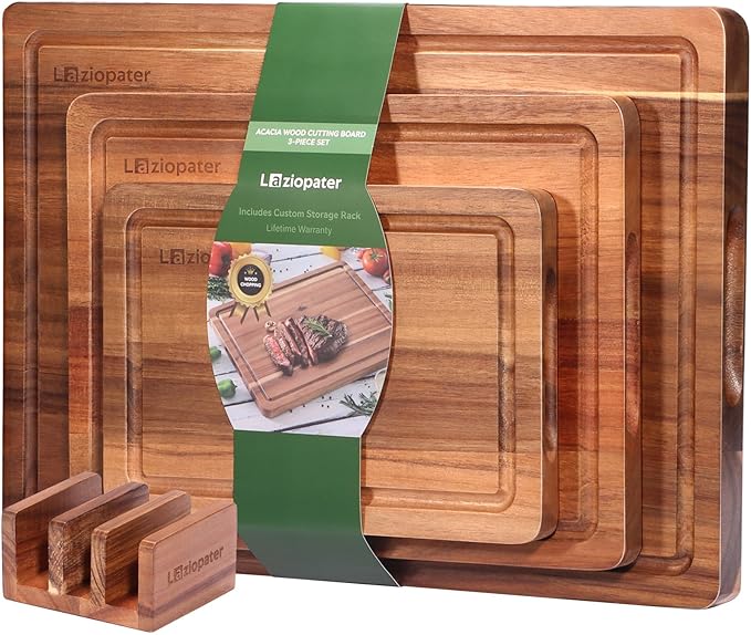 LAZIOPATER Wood Cutting Board Set, 3-Piece Rectangular Boards for Kitchen, 18x12x0.75 Inches, Hand Wash Only (Acacia Wood)