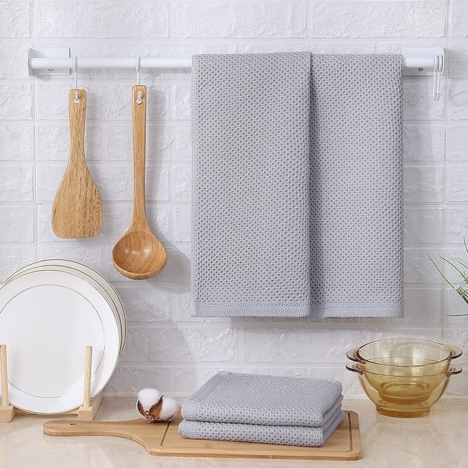 Kitinjoy 100% Cotton Waffle Weave Kitchen Hand Towels (13 x 28 Inches, Light Grey), 8-Pack Super Soft and Absorbent Dish Towels for Drying Dishes