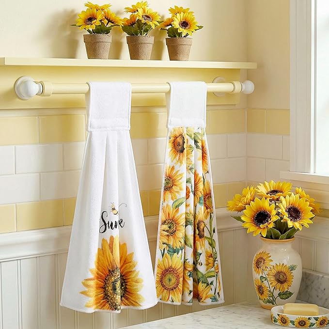 Tegeme 6 Pcs Hanging Kitchen Towels with Loop, Absorbent Hand Tie Towels Microfiber Decorative Fast Drying Kitchen Hanging Towel for Home Bathroom(Sunflower)