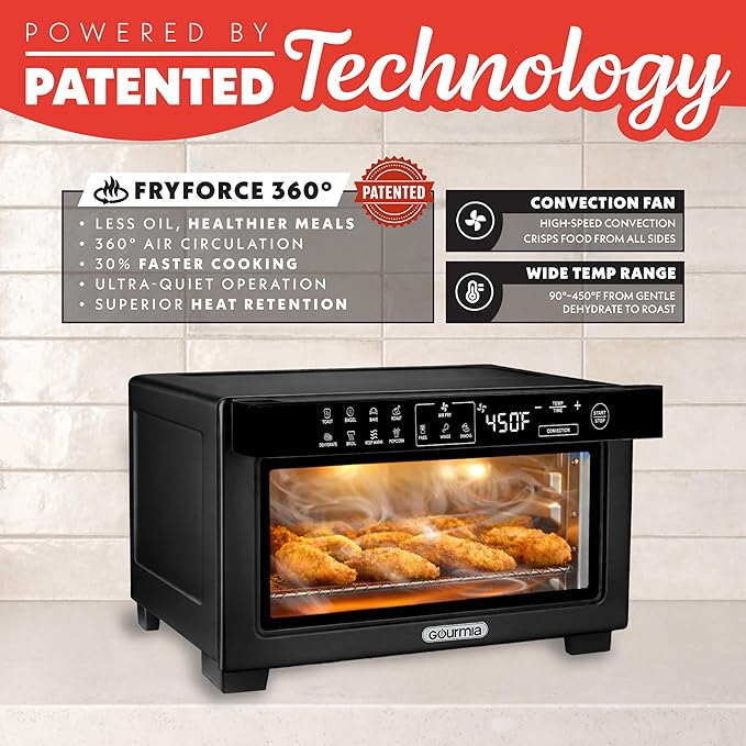 Gourmia Toaster Oven Digital Air Fryer - Convection Mode with 4 Slice Capacity, 3 Rack Positions, 12 Presets, Toast, Bagel, Bake, Roast, Broil, Dehydrate, Popcorn, Fits 9" Pizza, Black