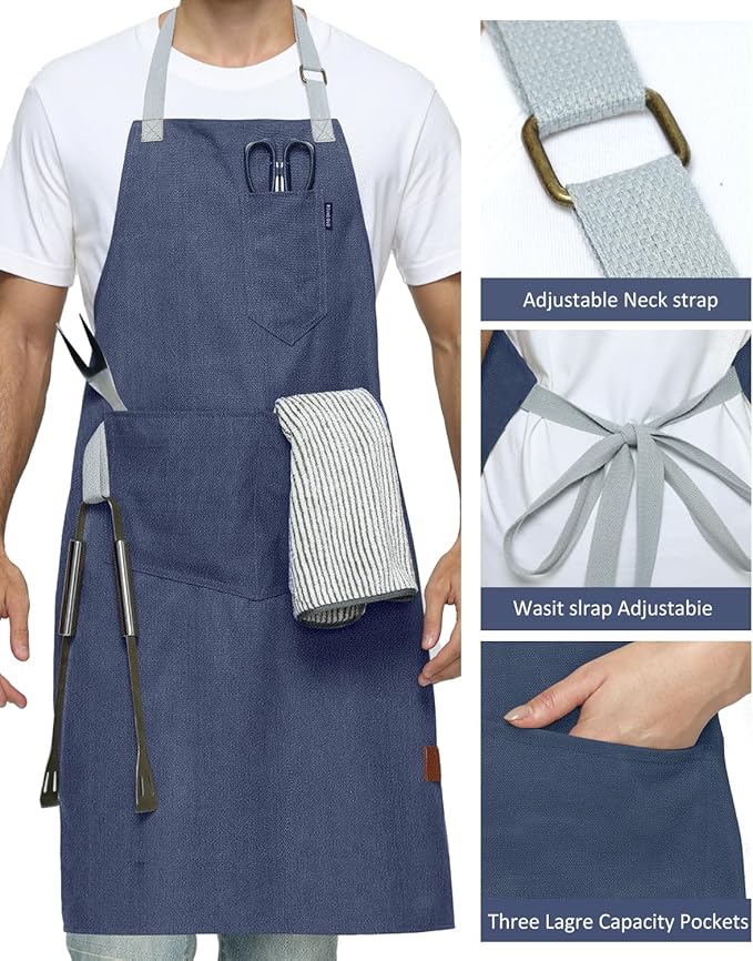 Womens Apron With Pockets Adjustable Shoulder Strap,Apron For Men 38.5" Extra-Long Straps Fit More Body Types,Chef Apron For Kitchen Garden Barbecue Woodworking. (Light Blue)