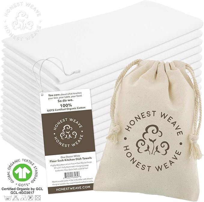 HONEST WEAVE GOTS Certified 100% Organic Flour Sack Cotton Kitchen Hand and Dish Towel Sets - Extra Large 27x27 inches, Fully Hemmed, 12-Pack, White