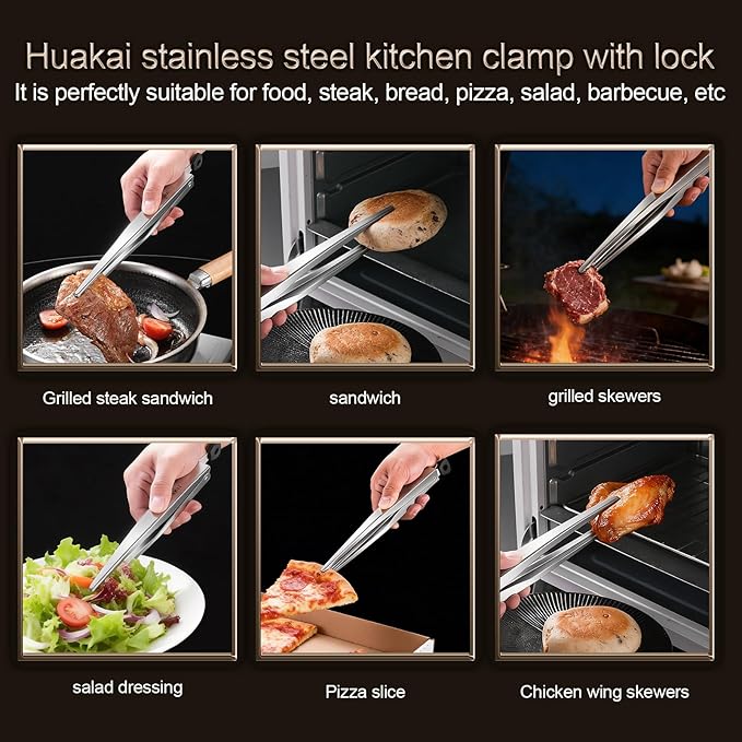 Locking Stainless Steel Kitchen Tongs, 12-inch Grill Tongs,Heat-Resistant up to 600°C, Precision Serrated Tip Design,Easily Grab and Flip Toss Steaks, Bread, Pizza, Salads, and Grilled Foods