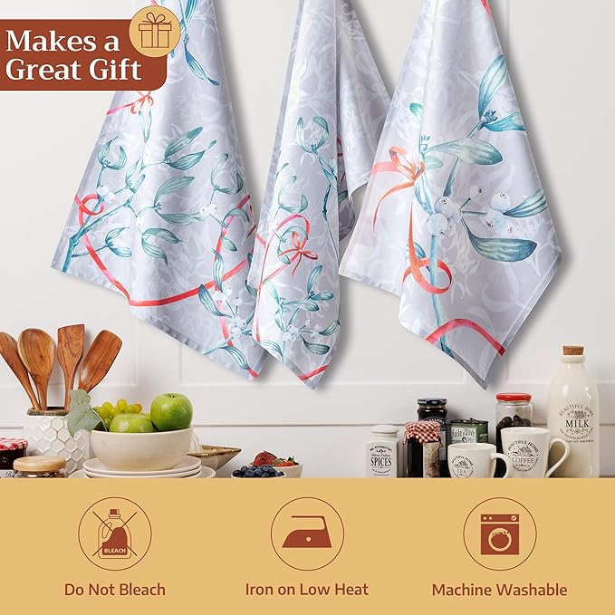 Maison d' Hermine Kitchen Towels Set of 3 100% Cotton 20" x 27.5" Reusable Cloth Tea Dish Towels Absorbent with Hanging Loop for Kitchen Dining Thanksgiving Christmas Decorations (Enora)