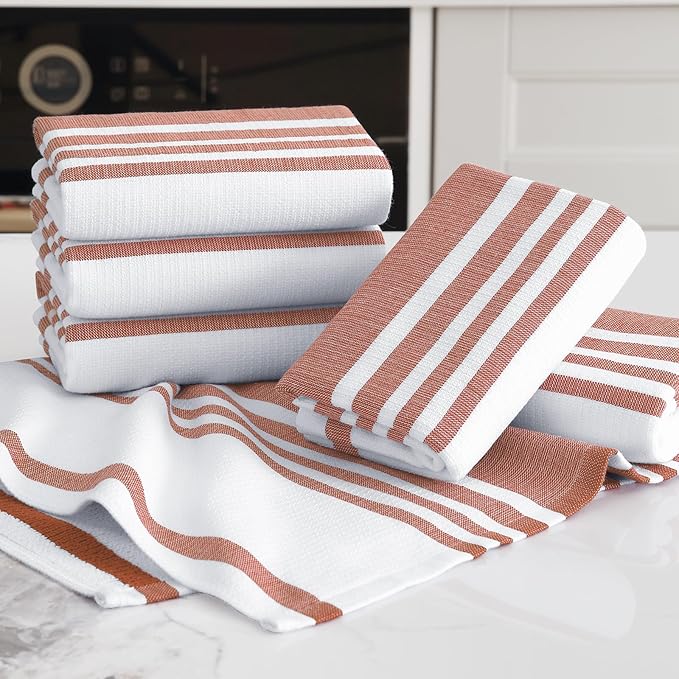 Homaxy Premium Kitchen Towels 18”x 28”, Large Cotton 380 GSM Kitchen Hand Towels, Stripe and Terry Dish Towel, Highly Absorbent Tea Towel Set with Hanging Loop, 6 Pack, Rust