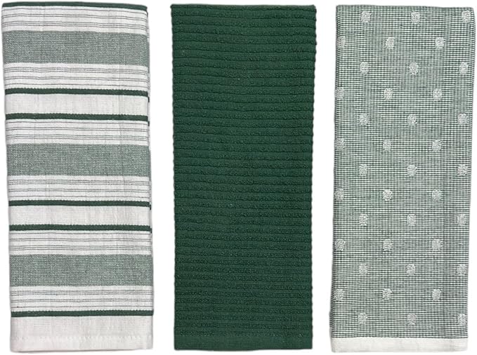 Dark Sage Green White Kitchen Hand Dish Towels: Oversized 28" x 16" 100% Cotton Cloth Soft Cleaning Drying Absorbent Striped Solid Polka Dot Design Set of 3, Multipurpose for Everyday Use