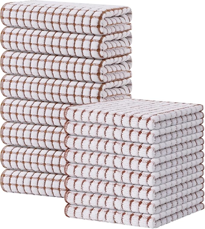 Kitinjoy Cotton 16 Pack Kitchen Towels and Dishcloths Sets, 16 x 25 Inch & 12 X 12 Inch Dish Towels Bulk, Super Soft and Absorbent Hand Towels for Kitchen Drying, Brown
