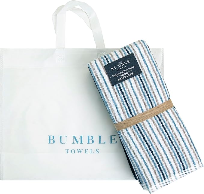 Kitchen Towels 16”x 26” - 6 Pack | Large Cotton Kitchen Hand Towels | Dish Towels | Popcorn Stripe Design | 430 GSM Highly Absorbent Tea Towels Set with Hanging Loop | Dish Towels for Kitchen | Blue