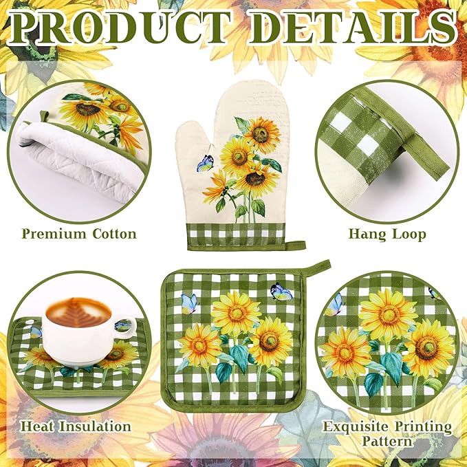 Leinuosen 6 Novelty Sunflower Kitchen Towels Kitchen Decor and Accessories Set Floral Plant Oven Mitts and Pot Holders Sets Farmhouse Absorbent Dish Towels for Cooking Baking Grilling