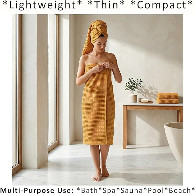 PÜSKÜL Natural 100% Turkish Cotton Waffle Bath Towels Set of 2-Piece | 32x63 Extra Large Absorbent Quick-Dry Lightweight Spa Towel | Luxury Sauna Accessories (Mustard Yellow Bath Towels - Pack of 2)