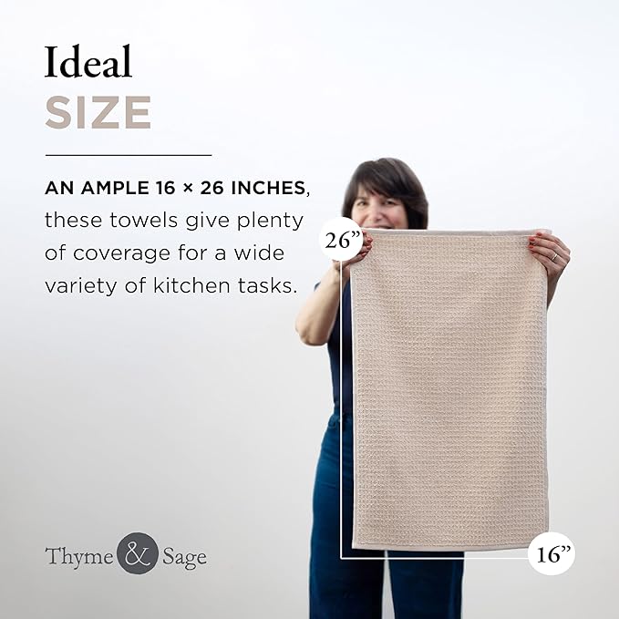 Thyme and Sage 100% Cotton Premium Turkish Kitchen Hand Towel Set, 16"x26", Ultra Absorbent, 350 GSM, Flax, Pack of 4