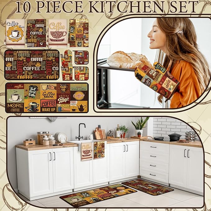 Fourluoo 10 Pcs Coffee Kitchen Decor and Accessories Coffee Oven Mitts and Pot Holders Set Dish Towels Farmhouse Kitchen Decor Retro Brown Gloves for Chef Baking Cooking Grilling BBQ Women Gift