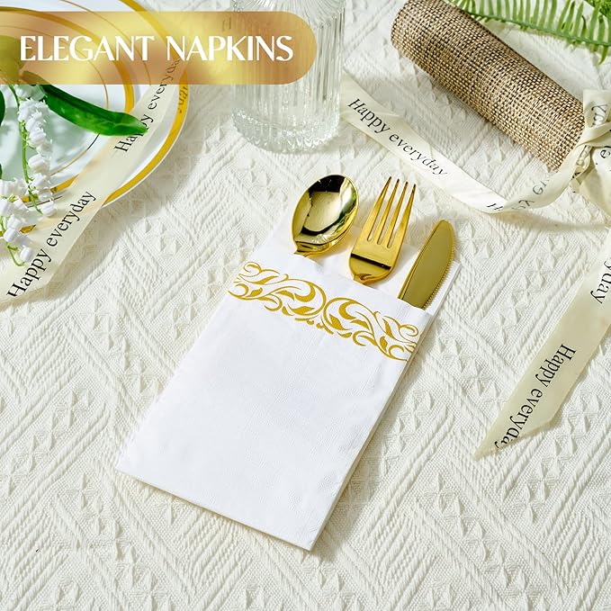 Vplus 200 Pack Paper Napkins Guest Towels Disposable Premium Quality 3-ply Dinner Napkins Disposable Soft, Absorbent, Perfect for Kitchen, Wedding, Parties, Dinners or Events (Gold)