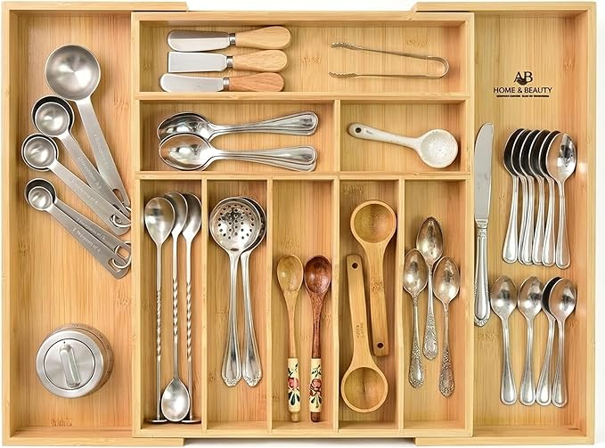 AB Home & Beauty Expandable Bamboo Drawer Organizer for Kitchen Utensils - Adjustable Silverware Organizer, Non-Slip Bamboo Cutlery Tray, Eco-Friendly Kitchen Drawer Storage