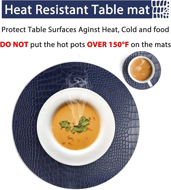 Round Leather Placemats for Round Tables Set of 8, Blue Table Place Mats and Coasters, Washable Easy to Care for Indoor Decor 13" Diameter