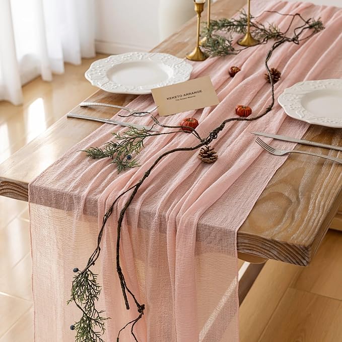 Keketoarrange Pink Cheesecloth Table Runner Easter Spring Boho Rustic Gauze Dusty Pink Farmhouse 120 inch 10FT Cheese Cloth Runner for Wedding Party Baby Shower Birthday Home Decor Holiday Decorations