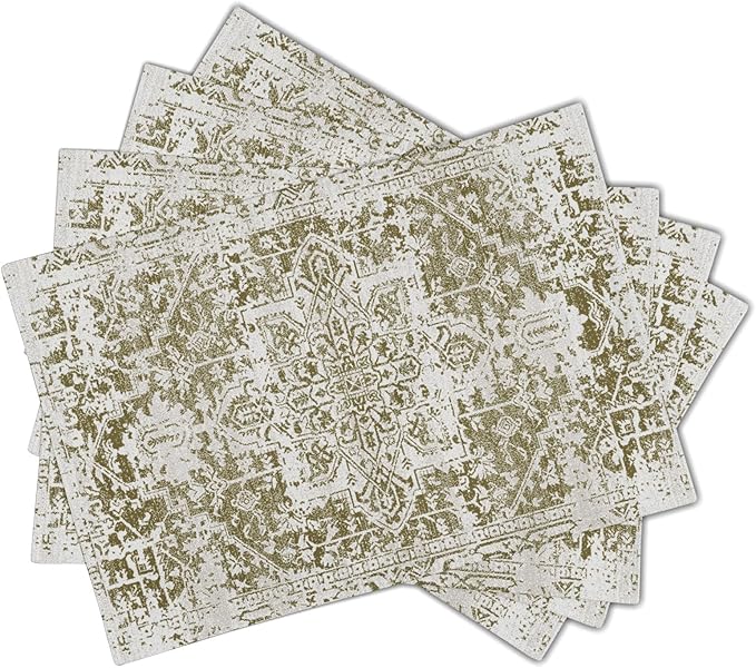 Gray Olive Green Boho Placemats Set of 4 Ethnic Bohemian Carpet Place Mats Washable Kitchen Dining Vintage Grey Geography Floral Linen Table Mats Stain Heat-Resistant for Home Party Indoor 12x18 in