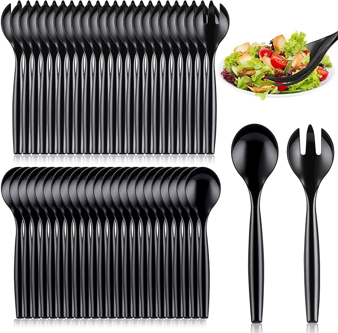 Mwellewm 32Pcs Serving Spoons 10'' Large Plastic Serving Utensils Set Slotted Disposable Serving Forks Heavy Duty Black Party Supplies for Buffet Restaurant Dinner Salad Noodles Soup