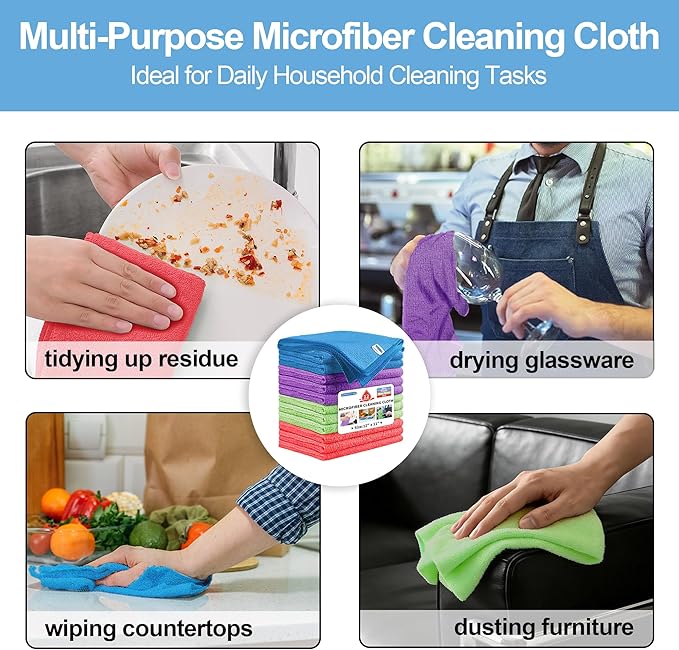 Microfiber Cleaning Cloth, 12 Pack Cleaning Rags,12" X 11" Lint Free Dish Towels Wash Cloths, Reusable Microfiber Towels for Home and Kitchen Bathroom Apartment Cleaning Supplies, Assorted