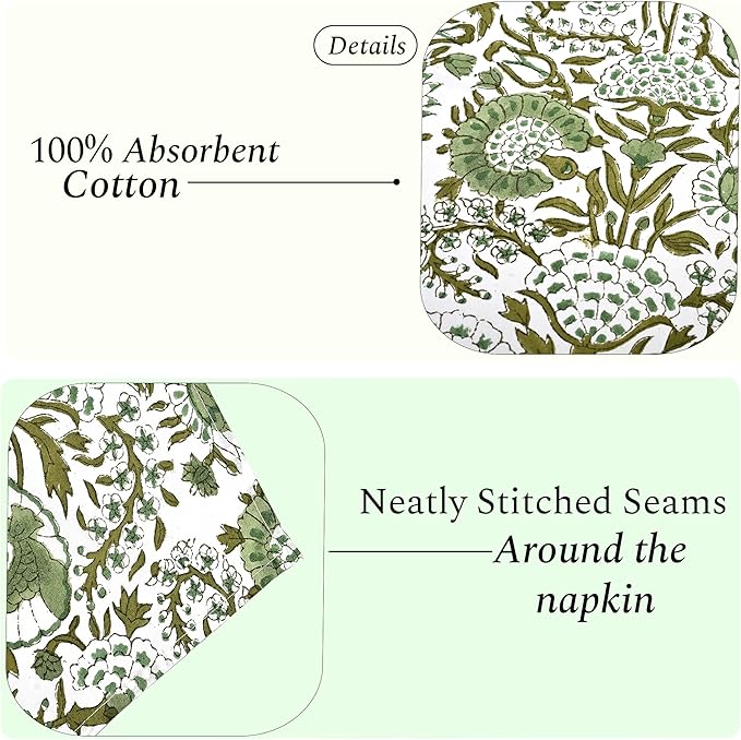 CPC Agate Green Indian Block Print Cotton Cloth Napkins Set of 4, 18x18 Reusable Everyday Napkins, Soft, Absorbent, Floral Dinner Napkin, Holiday, Party Gift, Spring,Mother's Day