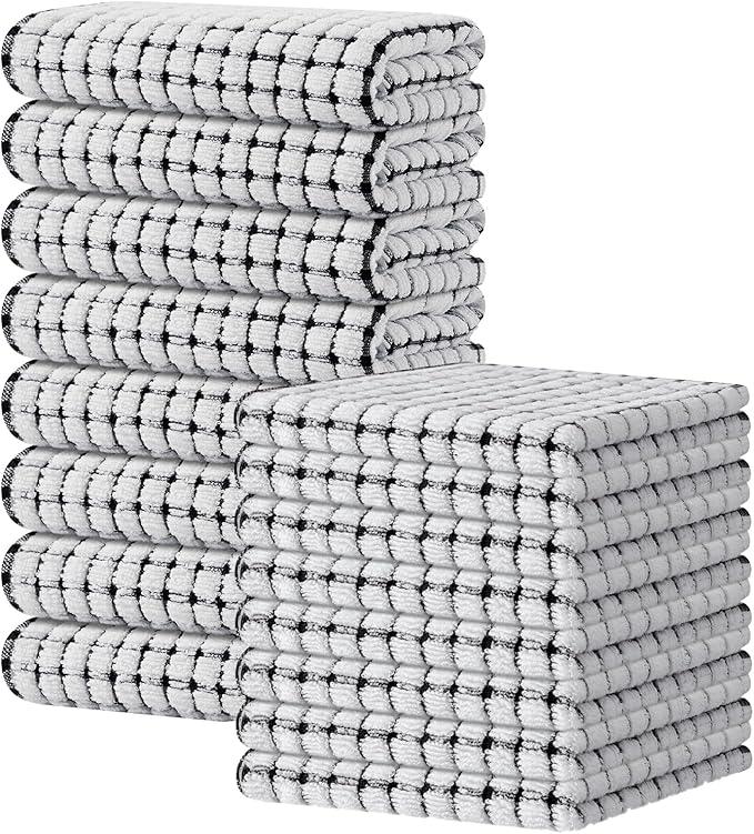 Kitinjoy Cotton 16 Pack Kitchen Towels and Dishcloths Sets, 16 x 25 Inch & 12 X 12 Inch Dish Towels Bulk, Super Soft and Absorbent Hand Towels for Kitchen Drying, Black