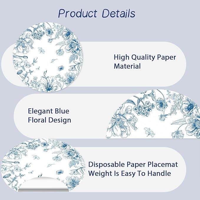 50 Pack Paper Placemats Disposable Blue and White Placemats 13.7 Inch Vintage Blue Floral Place Mats Decorative Chinoiserie Round Table Mats for Dinner Table Setting Birthday Wedding Party Supplies