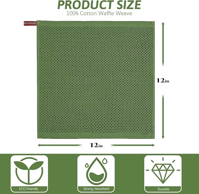Nialnant 100% Cotton Dish Cloths for Washing Dishes, 4 Pack Waffle Weave Dish Towels,Super Soft Absorbent Cleaning Rags-Green,12x12 Inch