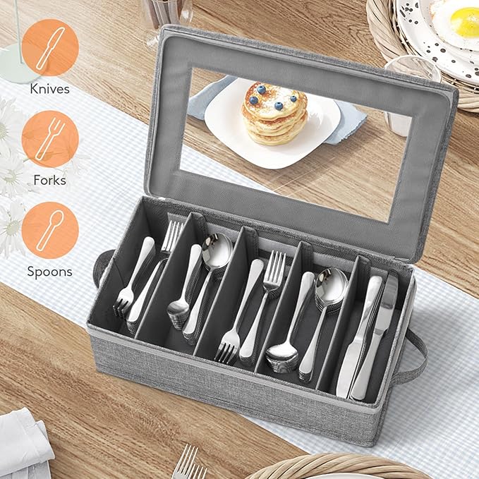 Lifewit Silverware Storage Box, Covered Flatware Organizer with Zipper Lid, 5 Compartment Cutlery Case with Adjustable Divider and Handle, Utensil Container for Spoon Fork Knives, 1 Pack
