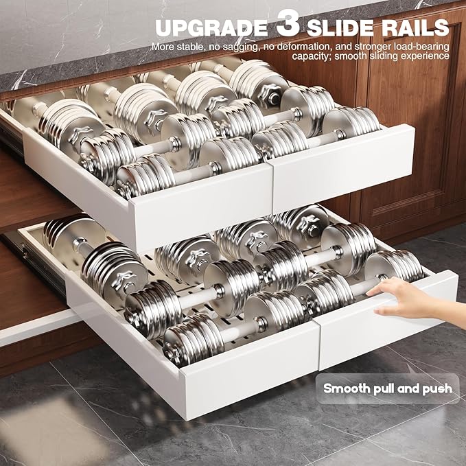 Seinloes 4 Pack Pull Out Cabinet Organizer Expandable Width(13"-21") and Depth(17"-24"),Slide Out Drawers With Raising Pad for Framed Cabinets,No Drill Roll Out Shelves for kitchen,Bathroom,White