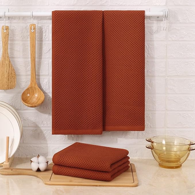 Kitinjoy 100% Cotton Waffle Weave Kitchen Hand Towels (13 X 28 Inches, Rust), 4-Pack Super Soft and Absorbent Dish Towel for Drying Dishes