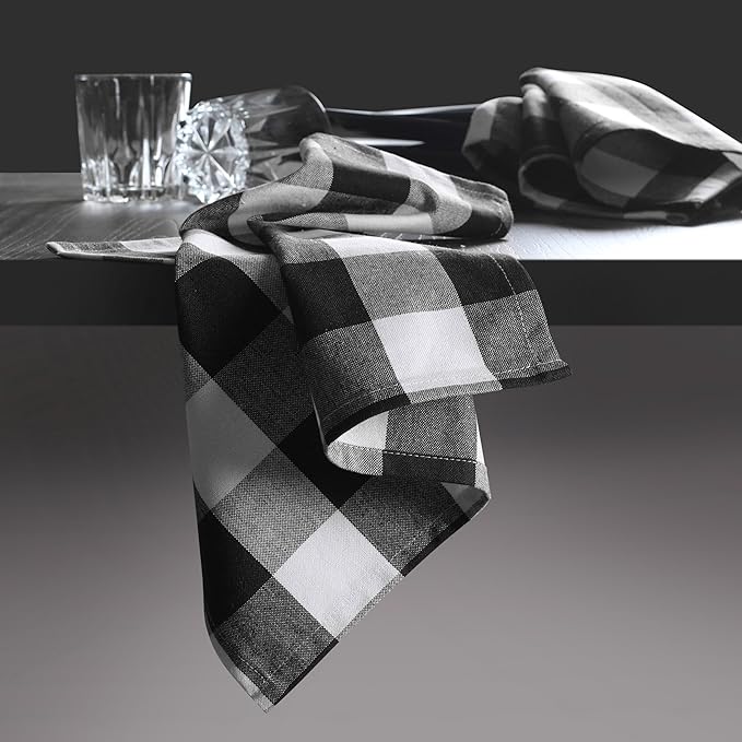 Native Fab Black Buffalo Check Cloth Napkins, 16"x16", Set of 4, Plaid Checkered Pattern, 100% Cotton, Soft, Absorbent, Reusable Table Napkins for Dinner, Lunch, Wedding, Party - Black and White