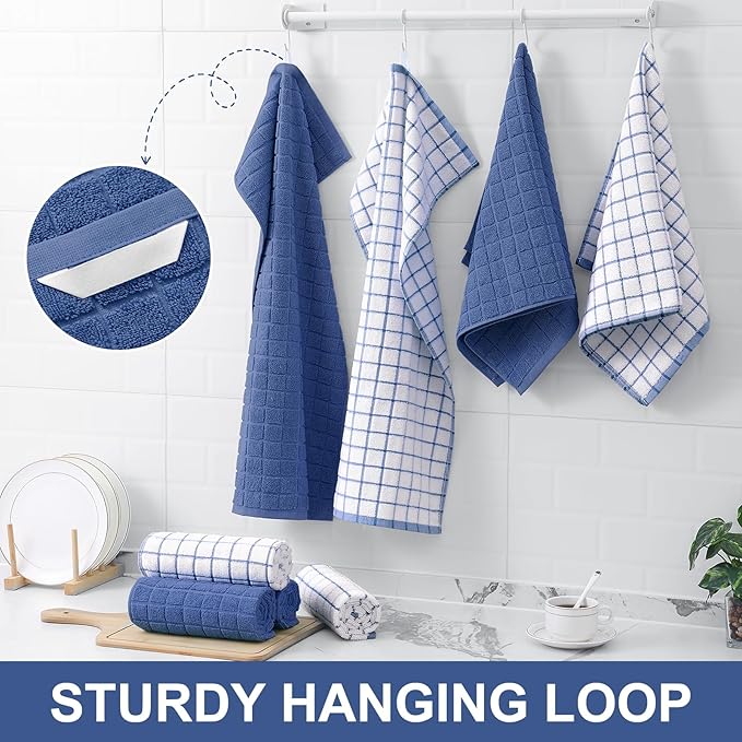Homaxy Premium Cotton Kitchen Towels 16"x 28", Large Natural Ring Spun 390 GSM Dish Towels, Super Absorbent Terry Kitchen Hand Towels, Soft Tea Towels with Hanging Loop, Navy Blue Check Design, 6 Pack