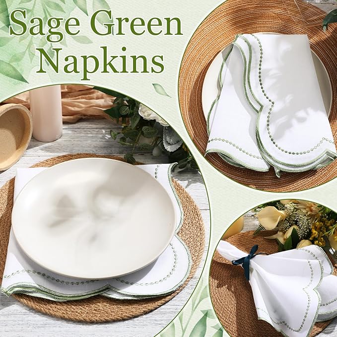 Hahafelt 12 Set Cloth Napkins 18x18inches Scalloped Embroidery Cloth Napkins Washable Polyester Table Dinner for Hotel Restaurant Weddings Events Parties (Sage Green)
