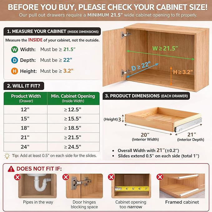 Sintuff 4 Pack Wooden Pull out Tray Cabinet Organizer Gentle Close Roll out Shelves for Kitchen Cabinets Fully Assembled Slide Pantry Shelves (21'' X 21'')