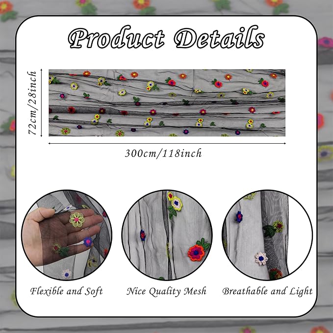 YATOJUZI Black Table Runner Embroidery Daisy Summer Floral Decorations Seasonal Tulle Dining Table Runners for Home Kitchen Decor Wedding Shower Party